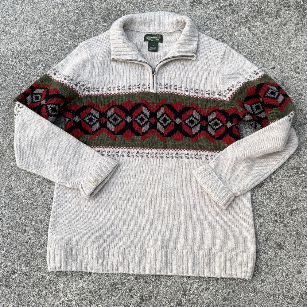 Eddie Bauer Cream Quarter-Zip Wool Blend
Sweater - Unisex Size L - Picture 2 of 8